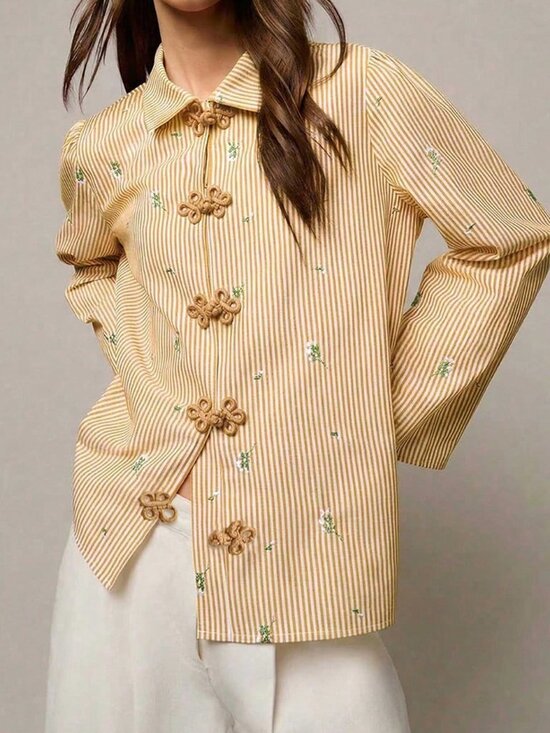 MODA ME COUTURE Tops - Yellow Casual Women's Blouse with Chinese Buttons, Striped & Floral Print